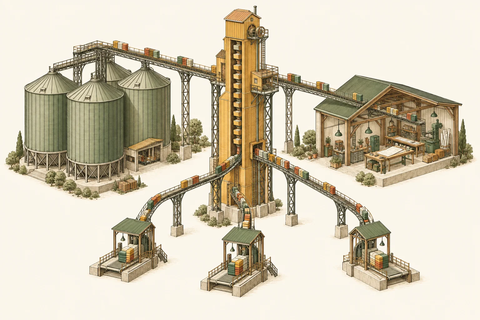 An illustrated grain elevator connects existing storage silos and a custom workshop to three delivery stations, a metaphor for making databases and new services accessible through one interface.